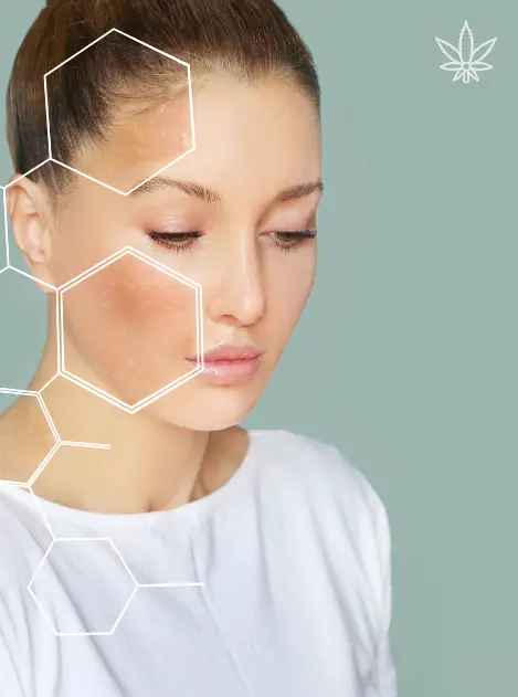 In questa immagine è presente il volto di una donna con segni visibili di infiammazioni sulla pelle. Altre sezioni del viso sono pure e perfette. C'è una icona della canapa.